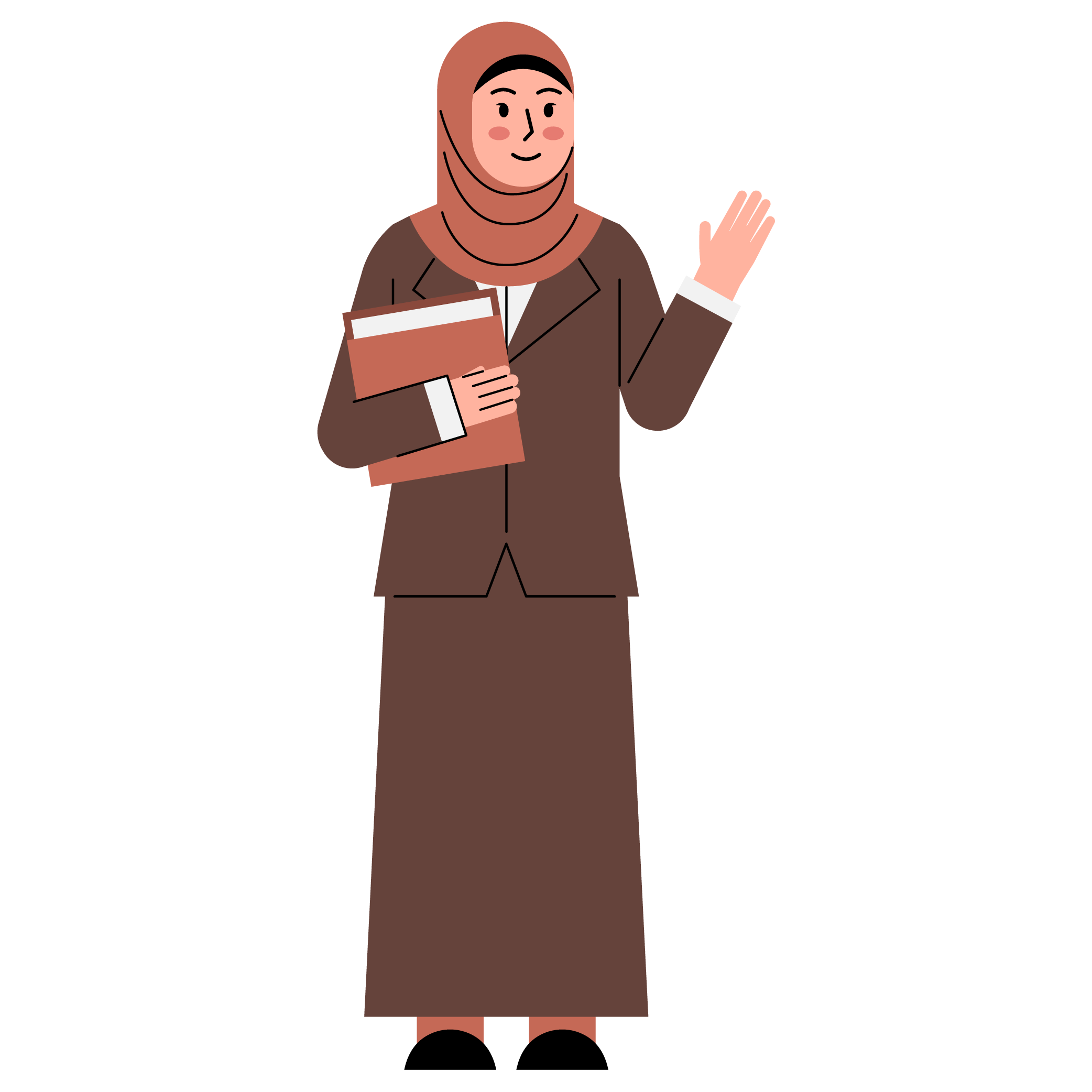 Ilustrasi Bu Eva melambaikan tangan menyapa siswa